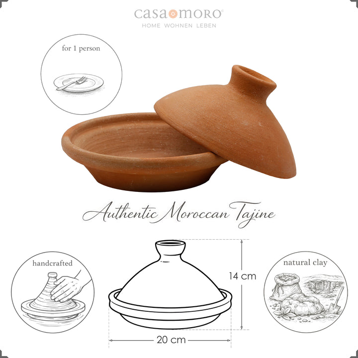 Tagine 20 cm en terre cuite et argile, non émaillée comme cocotte marocaine pour 1 personne