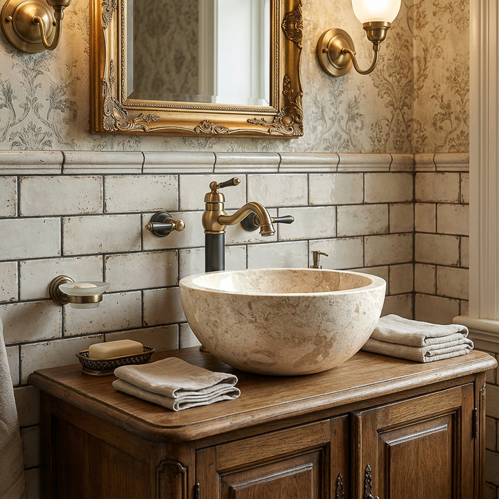Rond Lavabo Fabriqué en pierre naturelle claire comme fixation sur un lavabo en bois avec une robinetterie en laiton dans une salle de bain classique et élégante