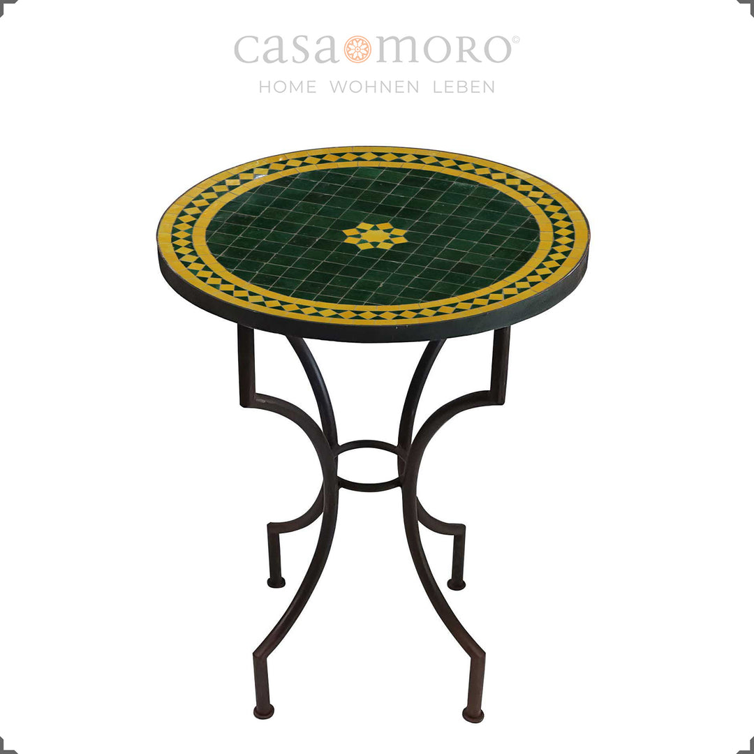 Table bistro avec mosaïque de zellige vert et jaune sur piétement galbé