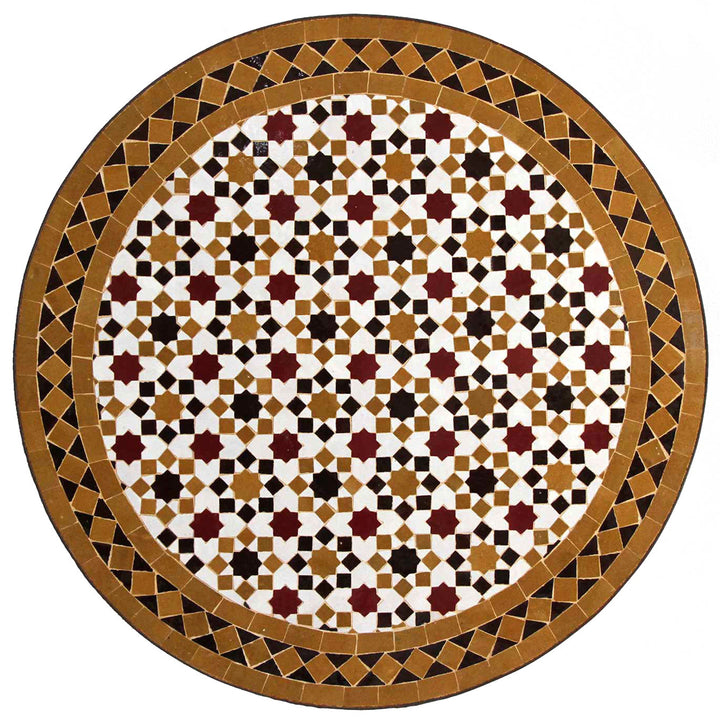 Table de balcon Ø 60 cm avec mosaïque Zellige blanc, ocre et bordeaux