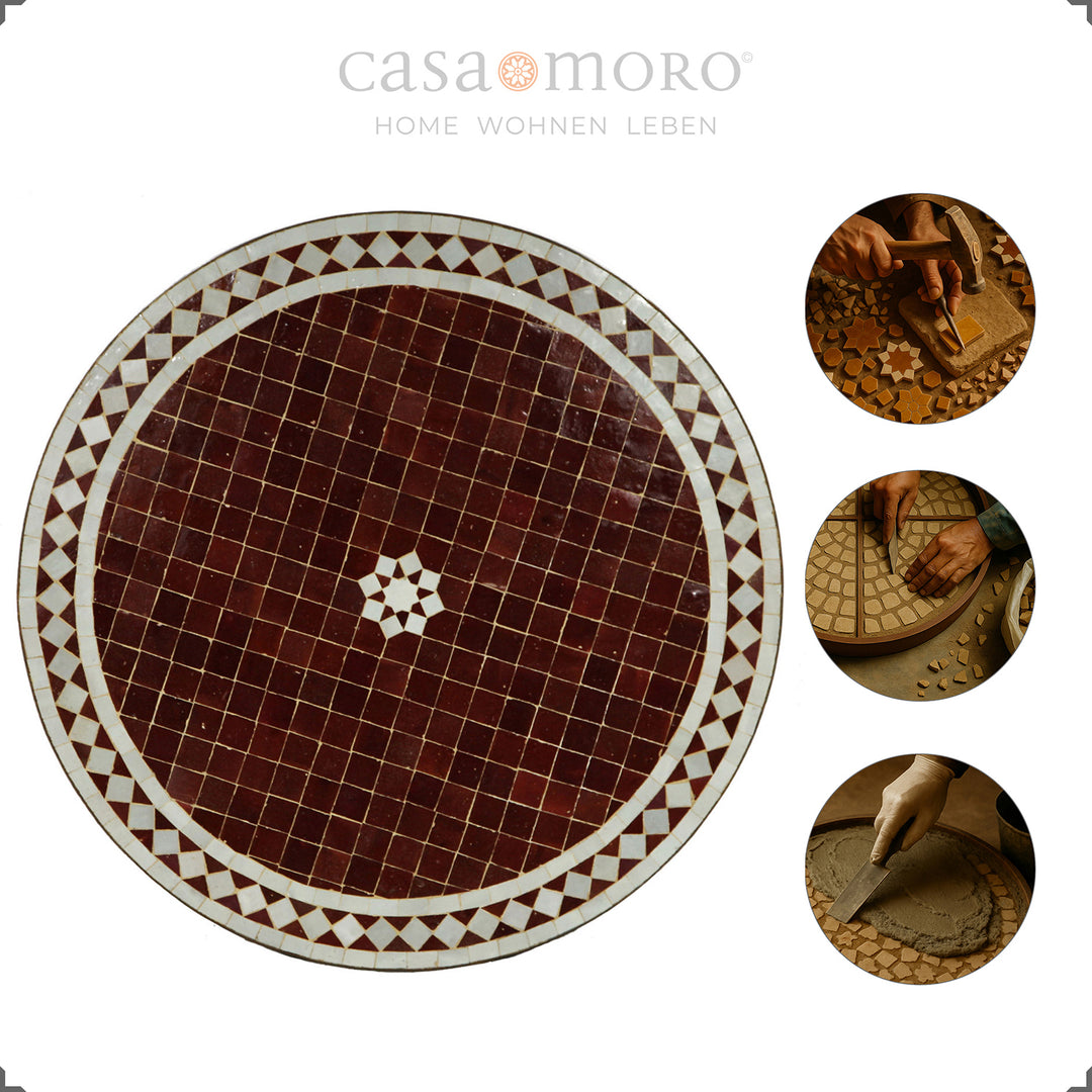 Table ronde en mosaïque Ø 60 cm dans le jardin avec chaises, ambiance marocaine pour l'extérieur