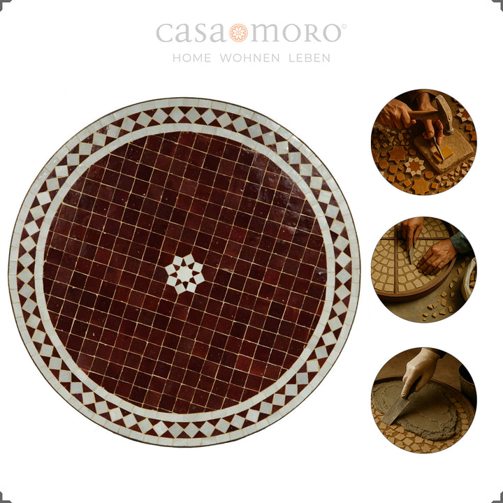 Table ronde en mosaïque Ø 60 cm dans le jardin avec chaises, ambiance marocaine pour l'extérieur