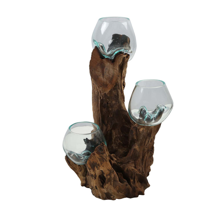 Drei Glasvasen 12 cm auf Wurzelholz
