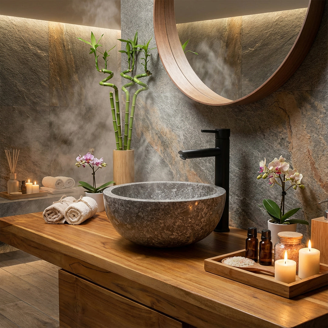 Vasque ronde à poser en pierre naturelle sur une console en bois chaleureuse avec des raccords noirs dans une ambiance calme de salle de bains spa