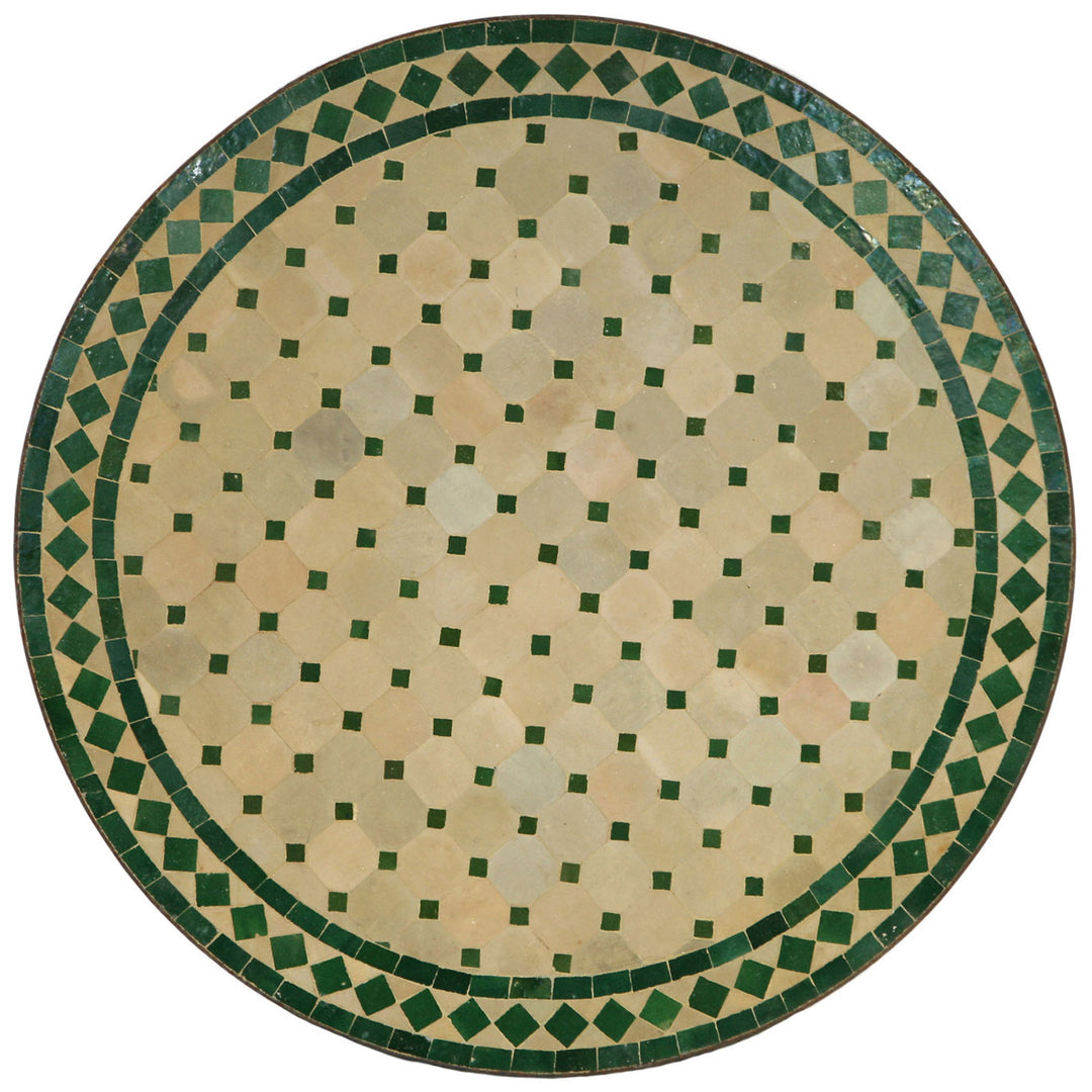 Table ronde en mosaïque de 80 cm avec carreaux de zellige vert et terre cuite posés à la main