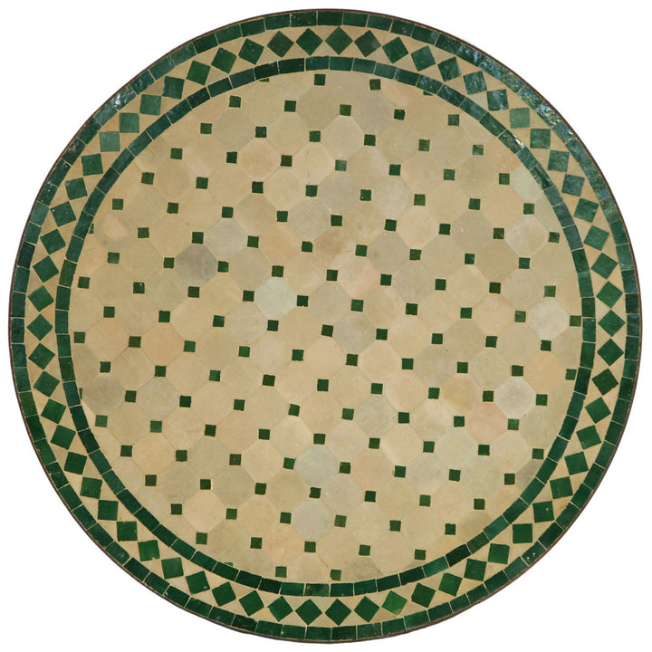 Table ronde en mosaïque de 80 cm avec carreaux de zellige vert et terre cuite posés à la main