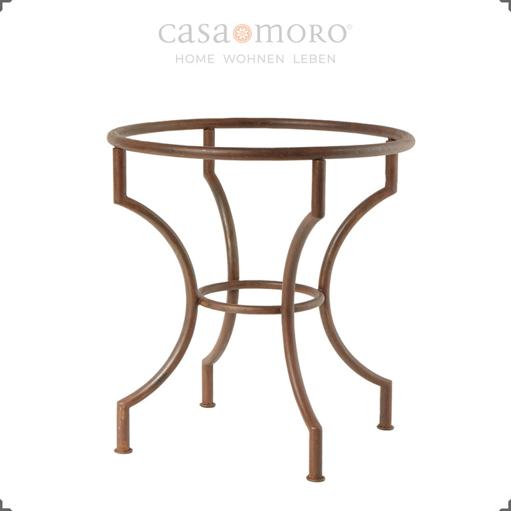 Structure de table en fer forgé de couleur rouille avec une surface laquée transparente - stable et élégante