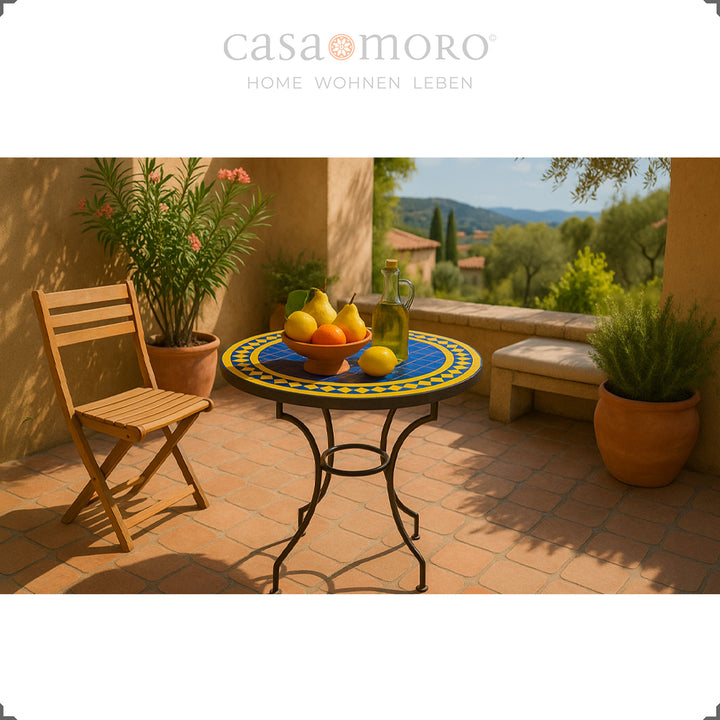 Table zellige bleu cobalt bord jaune - Table mosaïque marocaine Ø 60 cm