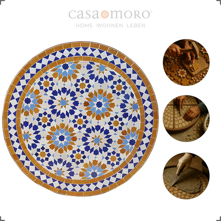 Table en mosaïque de couleur bleu ocre de forme ronde classique - table basse compacte ou table de balcon pour deux
