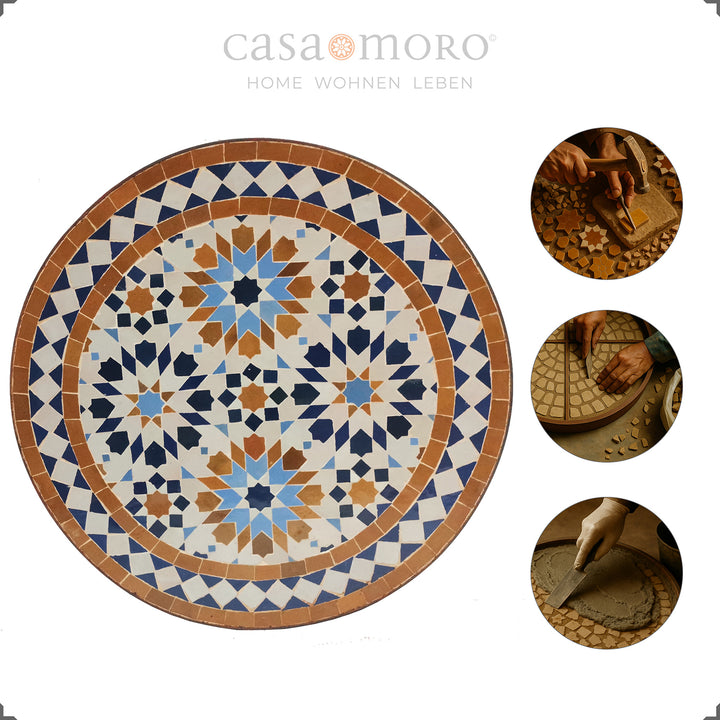 La table en zellige avec un motif étoile classique s'intègre dans les espaces modernes d'inspiration ethnique