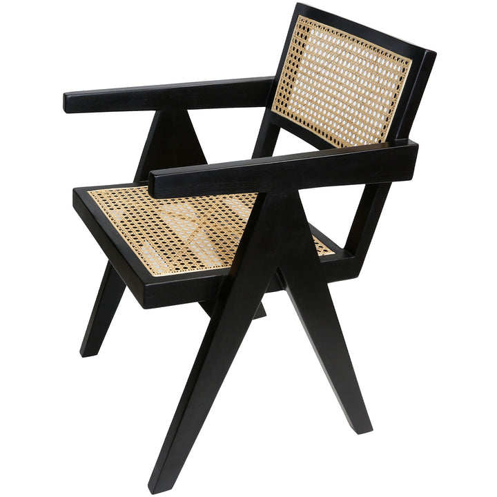 Fauteuil noir au tissage viennois, design contrasté en teck et rotin pour salle à manger ou bureau