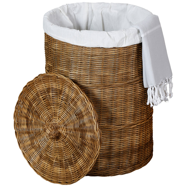 Boîte de rangement en rotin avec couvercle amovible et insert en tissu blanc, env. Capacité de 50 litres