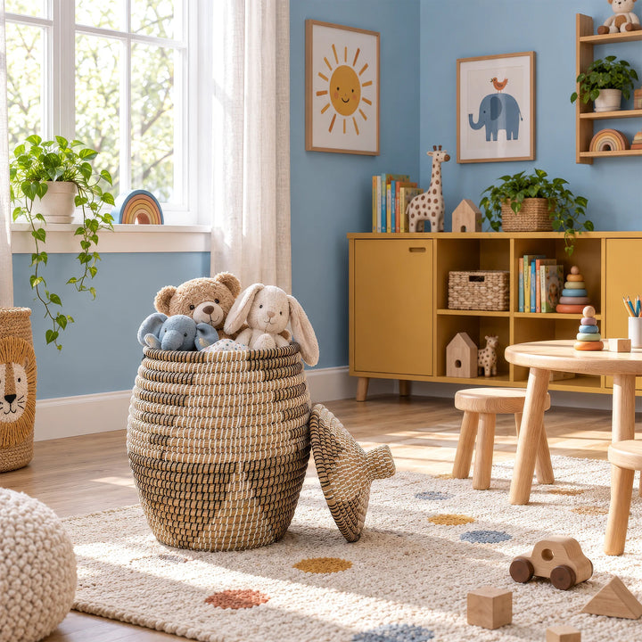 Panier en jonc de mer, disponible en naturel, marron, noir ou blanc, d'une capacité d'environ 30 litres, contenant des peluches dans la chambre d'enfant.