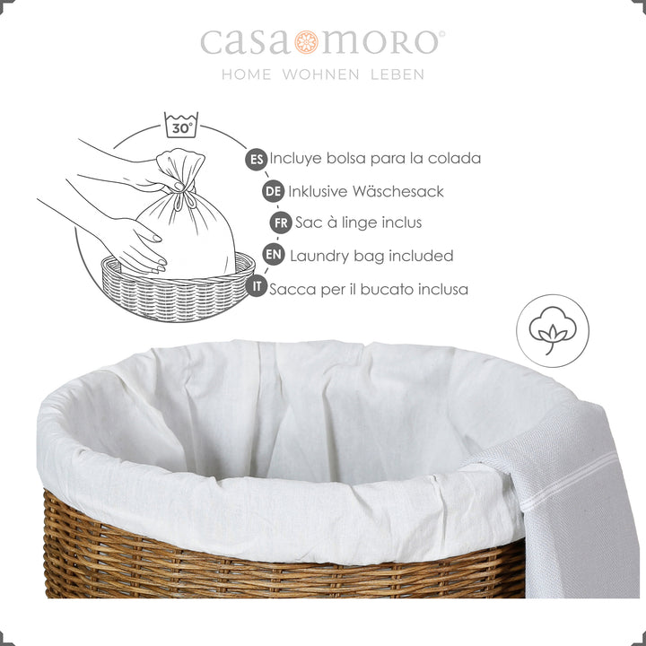 Panier de rangement marron foncé en rotin naturel tressé, avec sac intérieur et couvercle en coton
