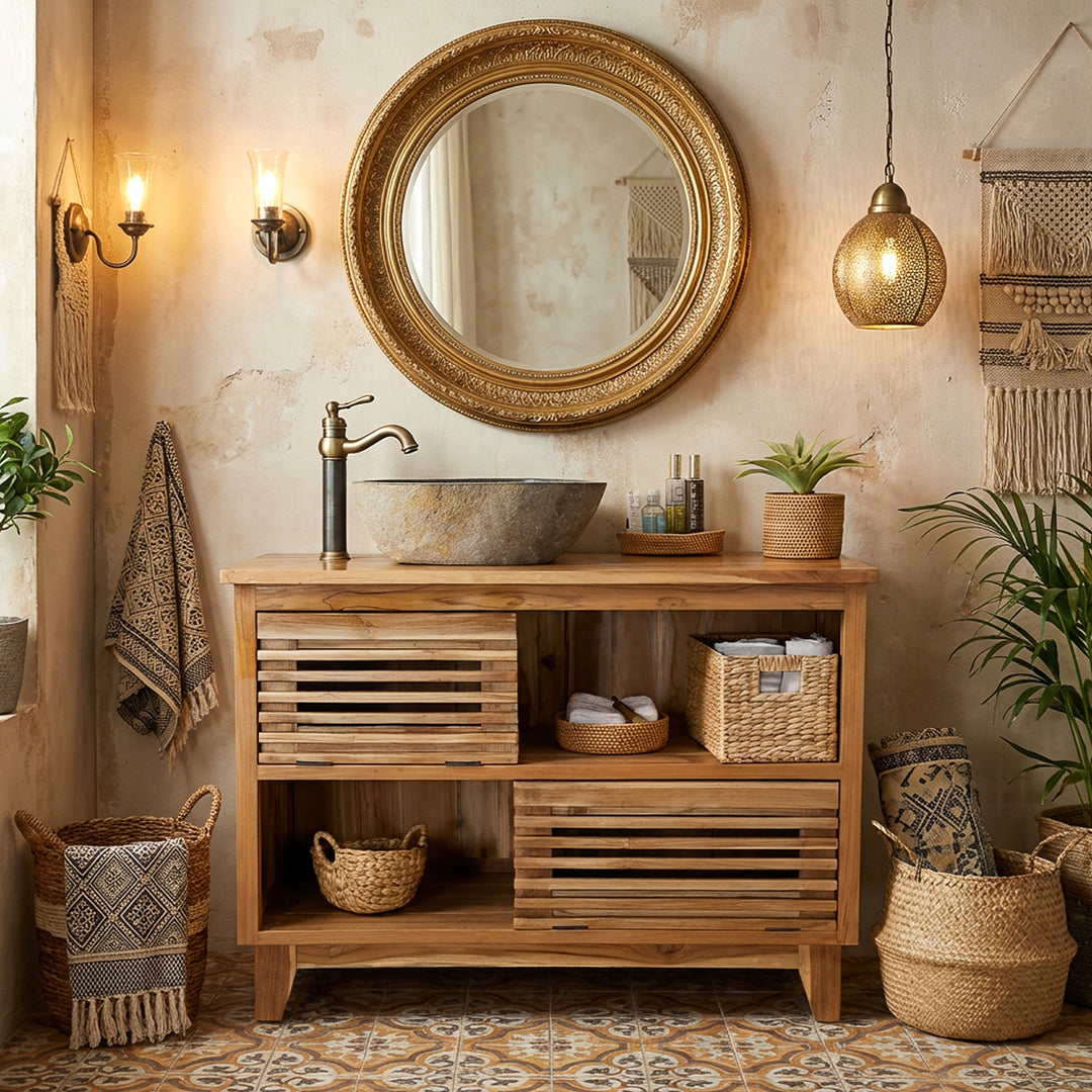 Lavabo à poser en pierre de rivière dans une salle de bains bohème chaleureuse sur un lavabo en bois, combiné avec des raccords en laiton, des paniers et une lumière douce