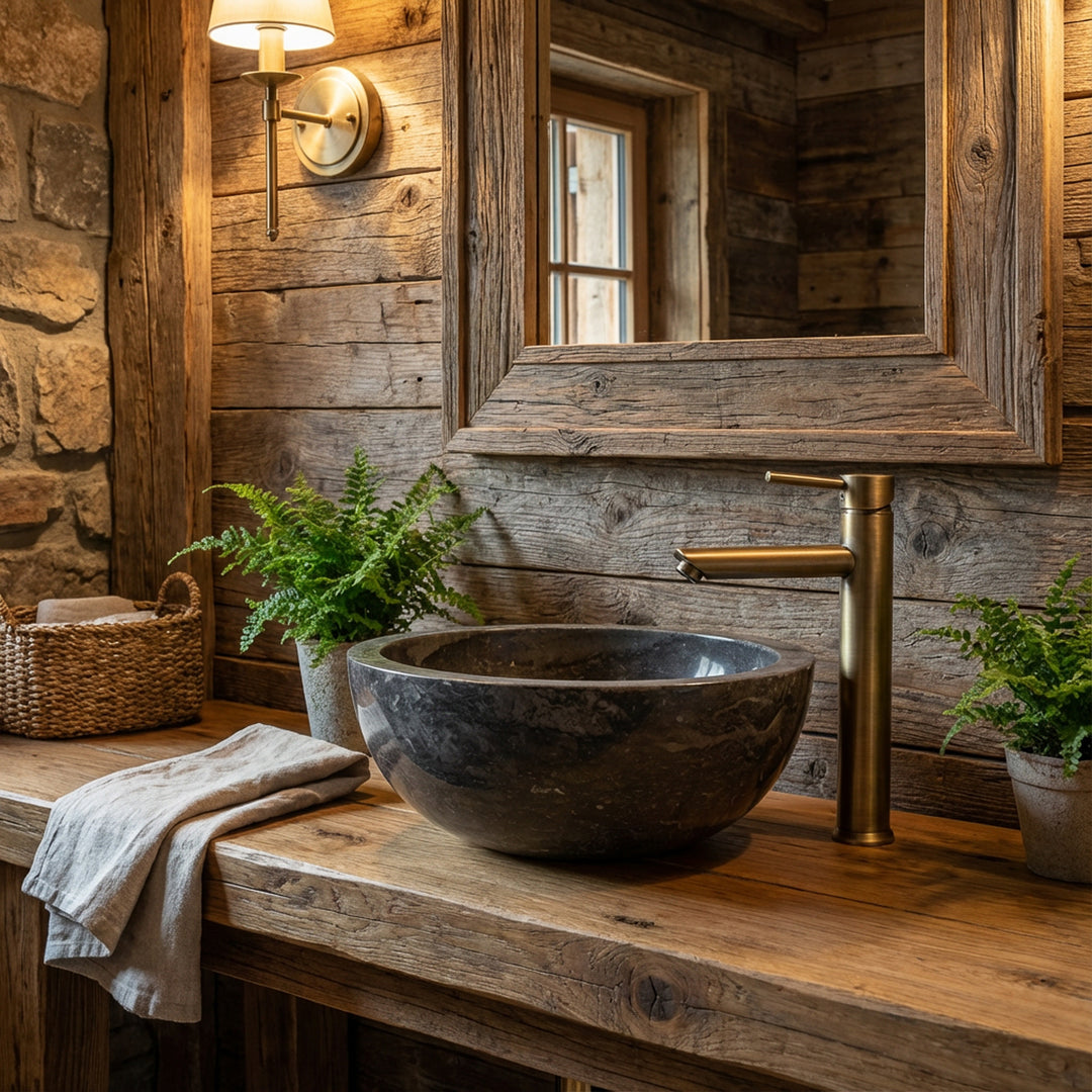 Lavabo rond à poser en marbre foncé sur une console rustique en bois avec raccords en laiton dans une salle de bains chaleureuse de maison de campagne