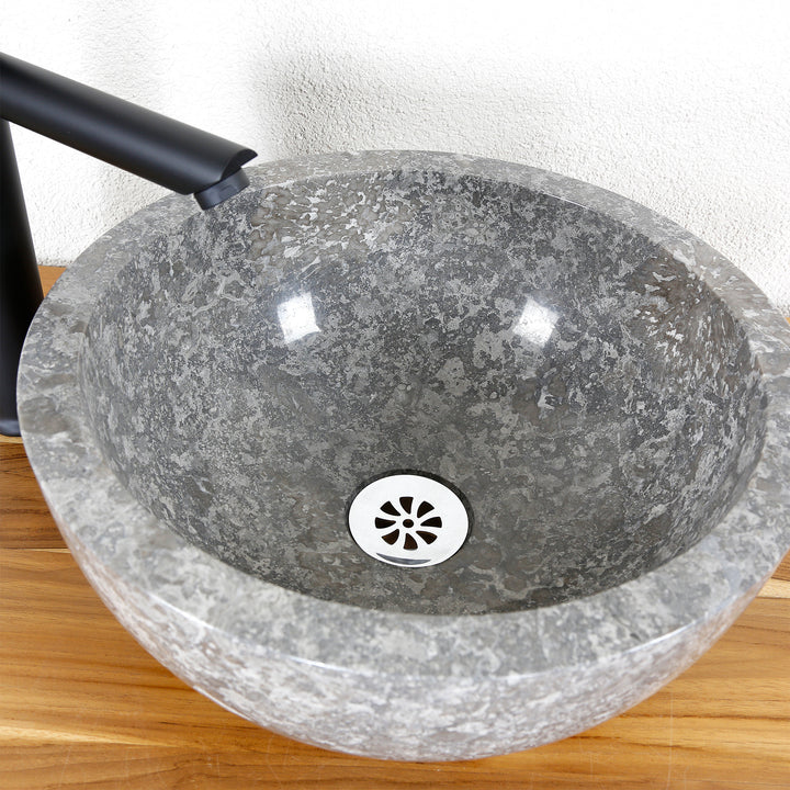 Vasque à poser en pierre naturelle de couleur grise, intérieur poli, ronde Lavabo avec raccords noirs