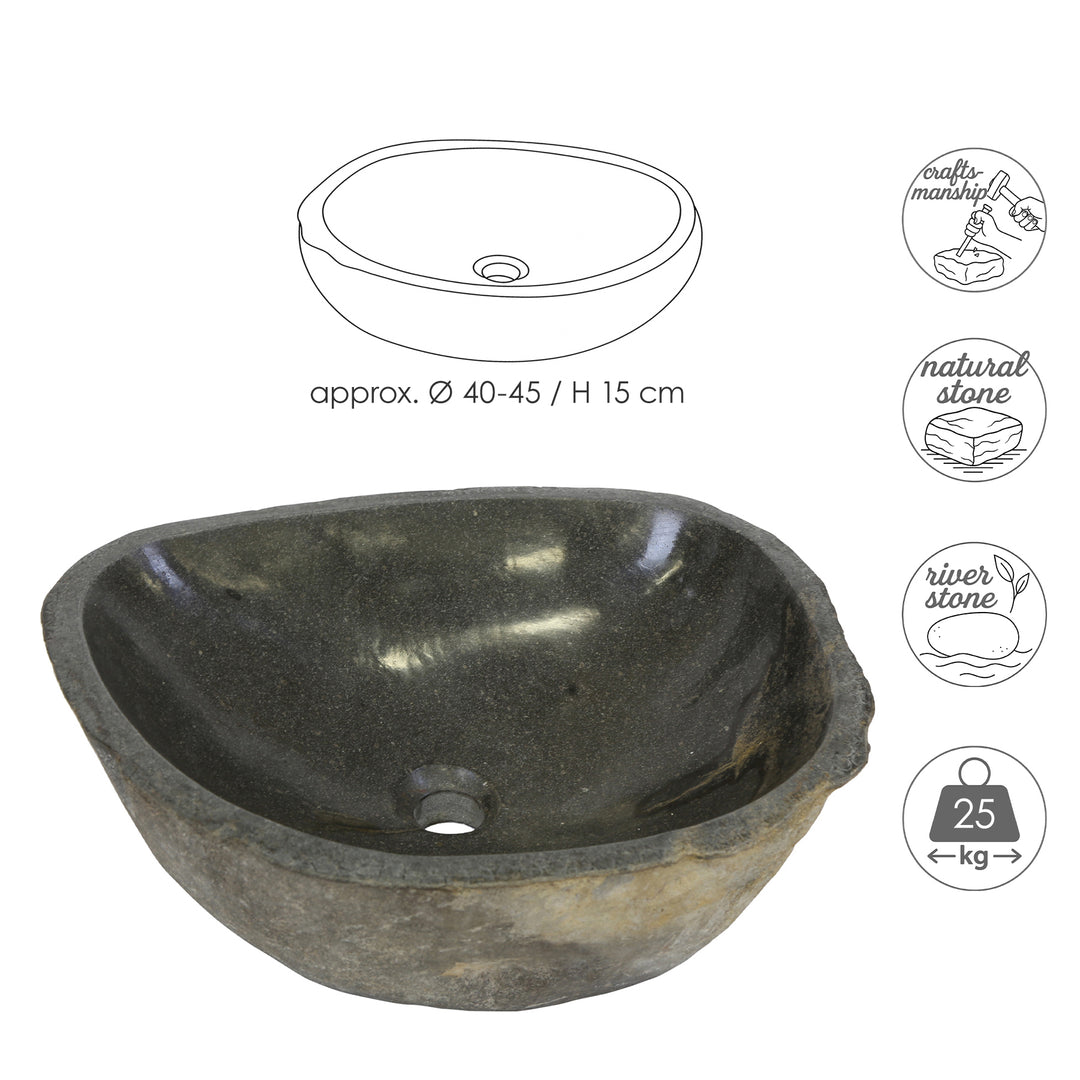 Vasque à poser en pierre de rivière avec graphique dimensionnel, ovale River Stone Lavabo Fabriqué en pierre naturelle avec une forme artisanale
