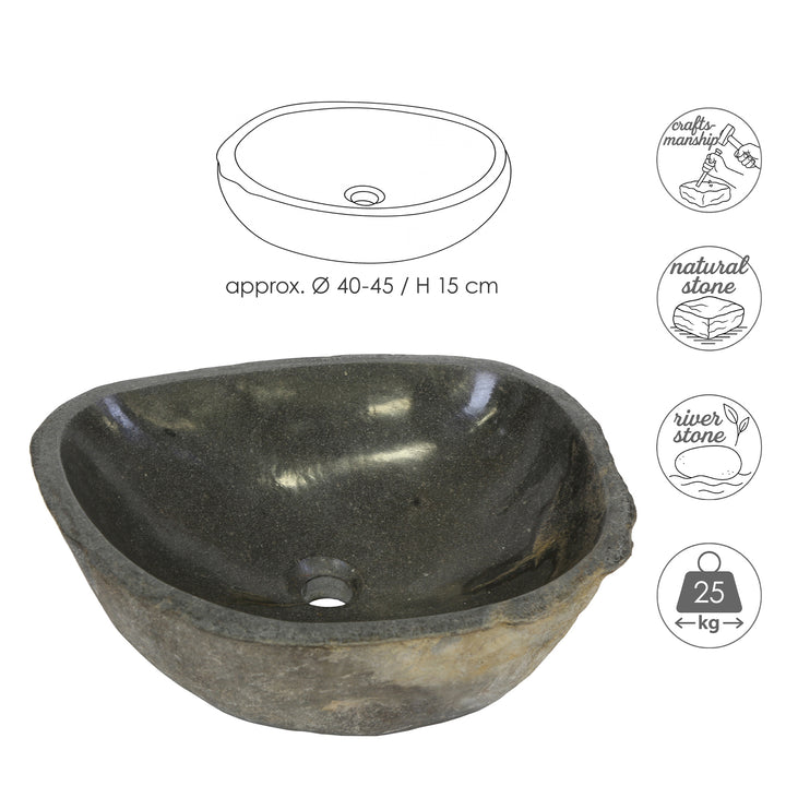Vasque à poser en pierre de rivière avec graphique dimensionnel, ovale River Stone Lavabo Fabriqué en pierre naturelle avec une forme artisanale