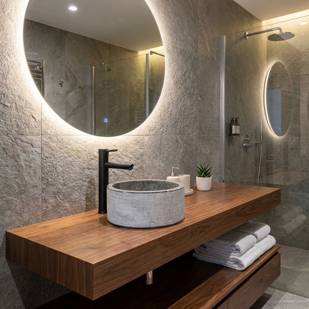 Lavabo à poser rond en pierre naturelle sur une console en bois massif, présenté de manière moderne dans la salle de bain chaleureusement éclairée.