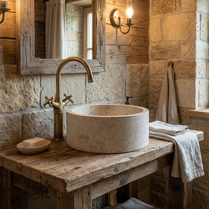 Round countertop washbasin made of stone on a rustic wooden table, combined with brass fittings in a cozy country house bathroom.