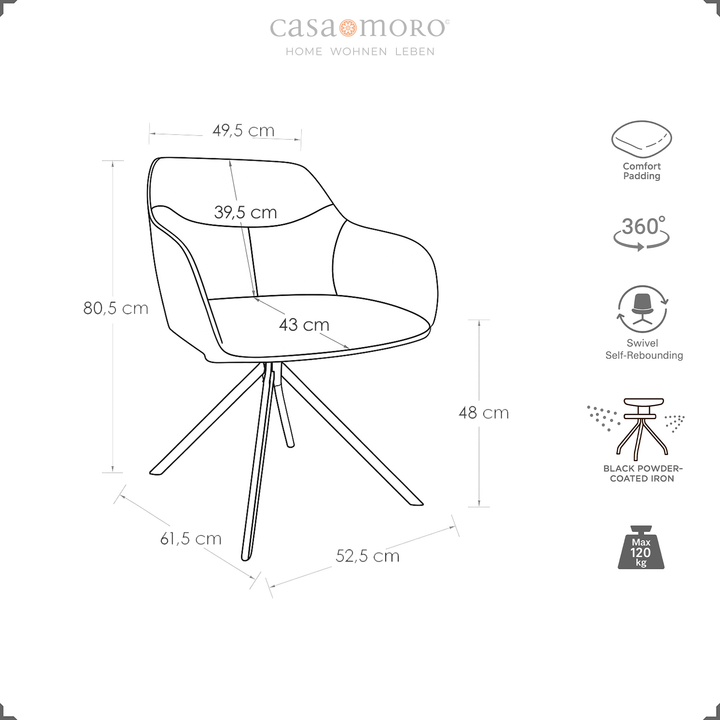 Dessin technique d'une chaise rembourrée rotative à 360° avec accoudoirs beige, comprenant les dimensions et les symboles pour le rembourrage confort, la fonction de retour automatique et la structure en métal