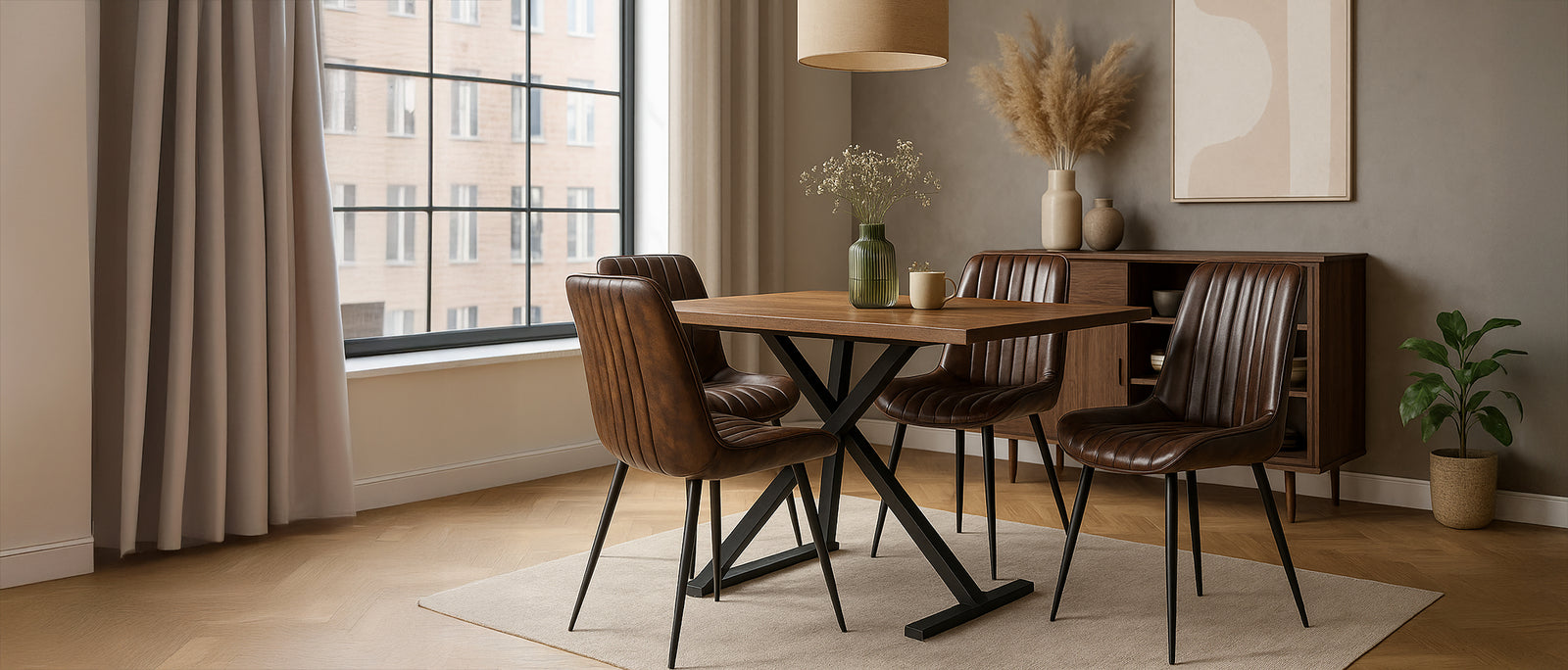 Lederstühle am Esstisch in einer modernen Wohnszene, mit warmen Farben und klaren Linien für ein stilvolles Dining-Ambiente