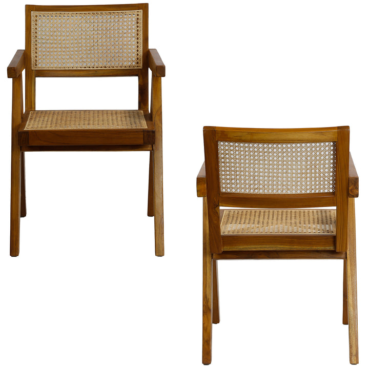 Vue avant et arrière du fauteuil avec tissage viennois en marron teck, construction stable en bois massif et rotin