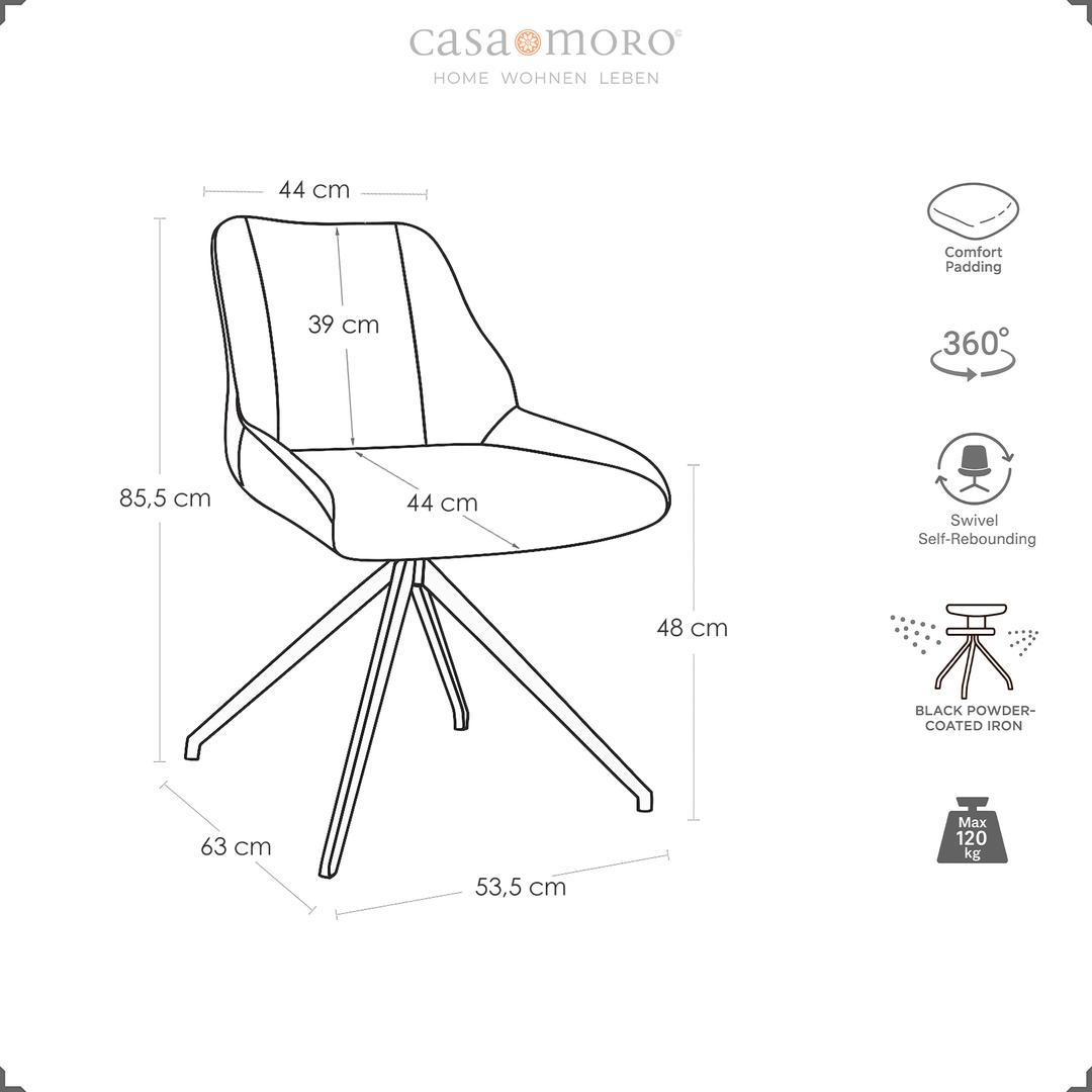 Drawing of a 360° rotating dining room chair in light brown with dimensions, symbols for comfort upholstery, auto-return function and metal frame