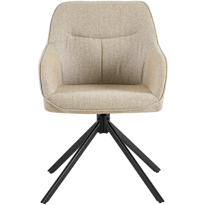 Vue de face d'une chaise rembourrée rotative à 360° avec accoudoirs beige, coque d'assise rembourrée à motif à chevrons et structure en métal noir