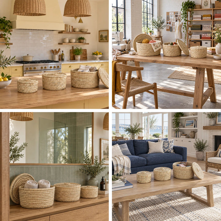 Collage : lot de 3 paniers en feuilles de palmier dans la cuisine, l'atelier de couture, la salle de bains et le salon : capacités de 3,5 litres, 7 litres et 15 litres.