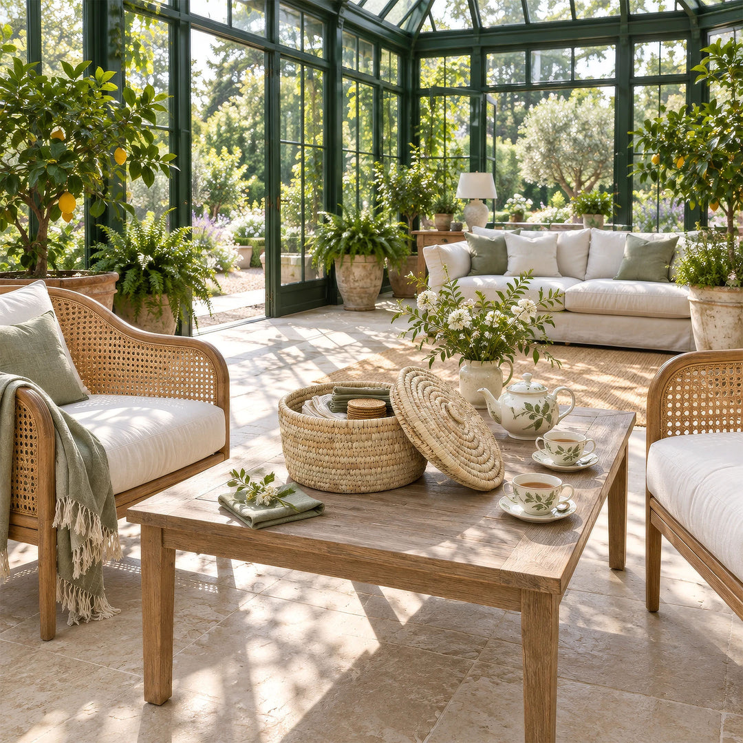 Panier tressé en feuilles de palmier d'une capacité de 15 litres, contenant des serviettes et muni d'un couvercle posé à plat, posé sur une table dans la véranda.