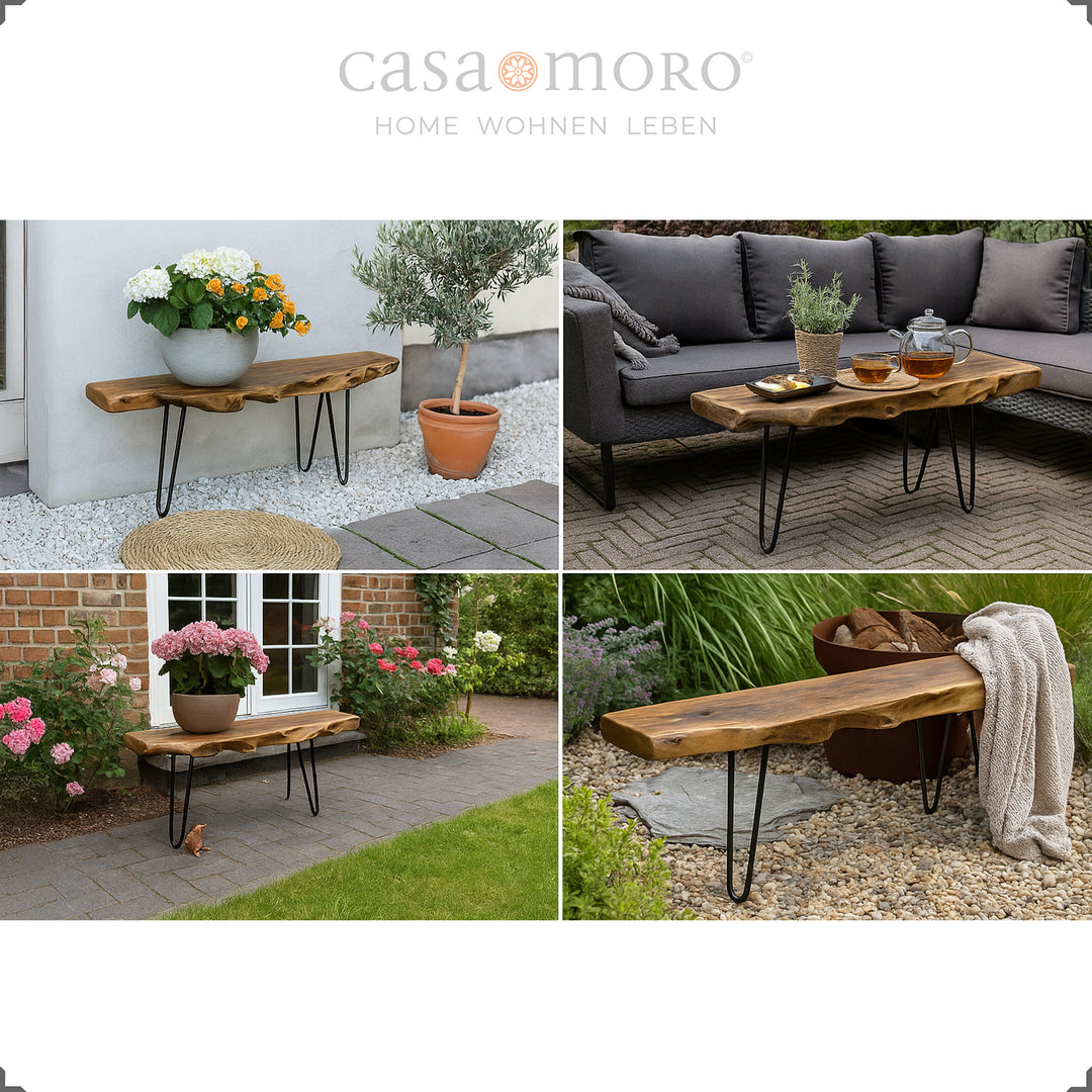 Banc de jardin en teck comme table ou banc végétal à l'extérieur, mis en scène entre fleurs, terrasse et salon