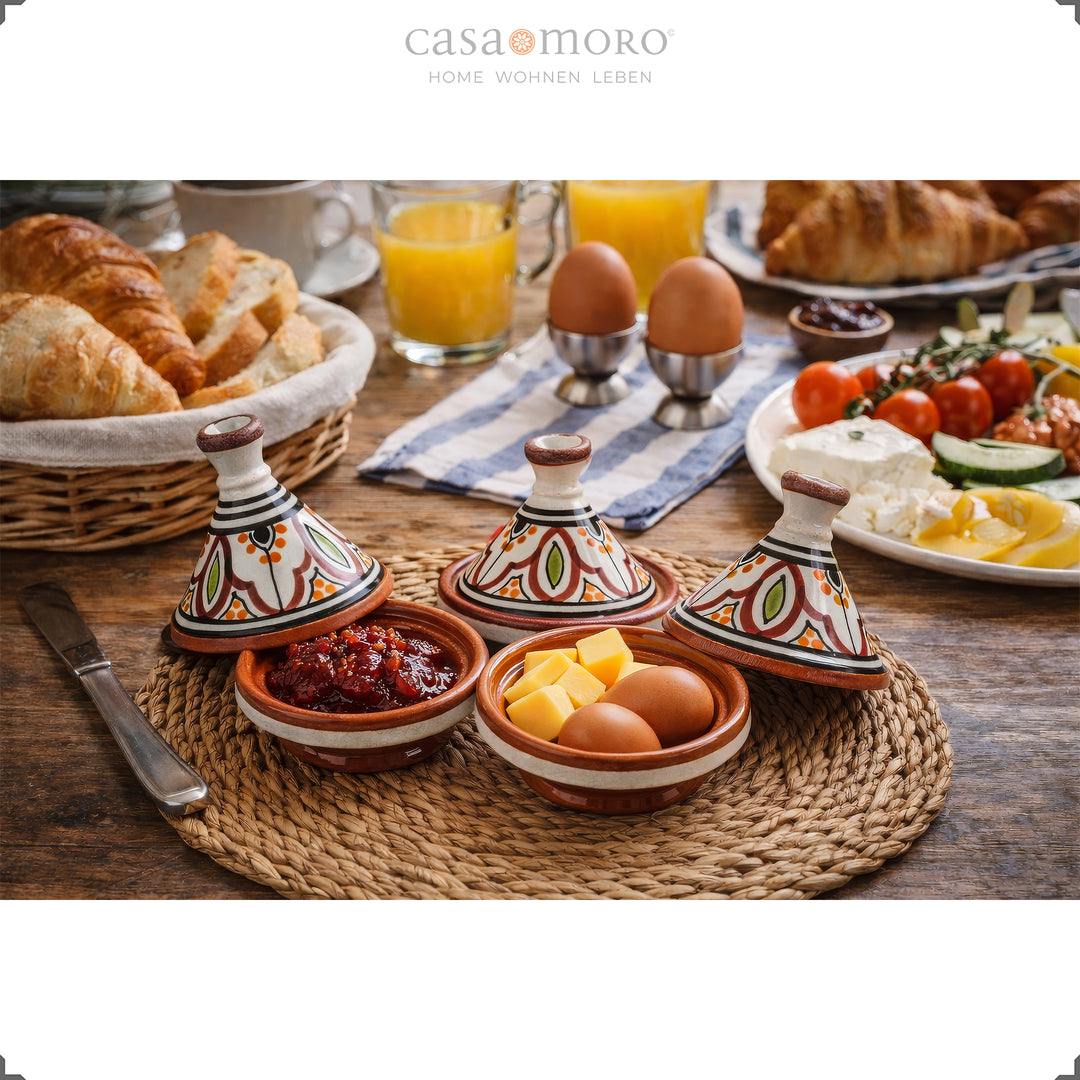 spice Tajine made of clay in a set of 3, hand-painted ceramics for serving jam, eggs and spices at the breakfast table