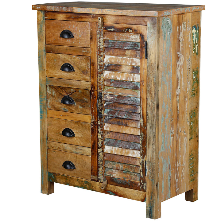 Solid wood highboard with drawers and door, patchwork front, isolated on white background