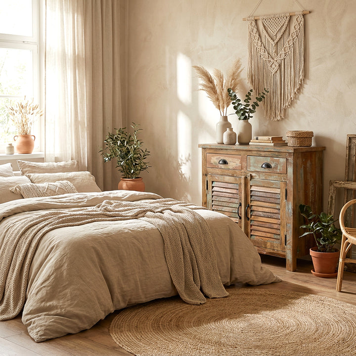 Buffet haut en bois massif dans la chambre, style bohème, textiles naturels, lumière chaude