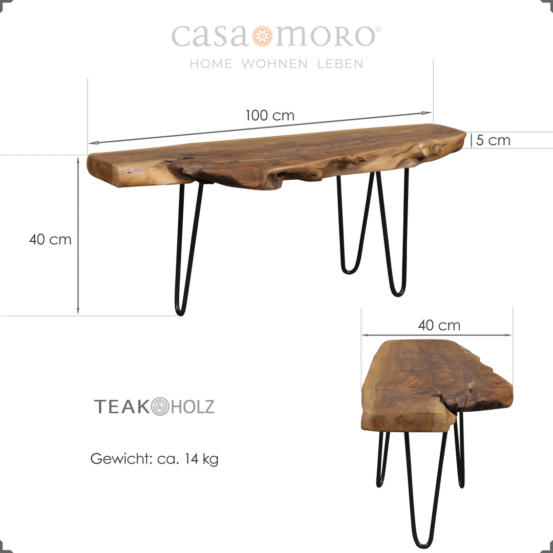 Banc en bois fabriqué à la main en teck massif avec un grain expressif et un bord organique