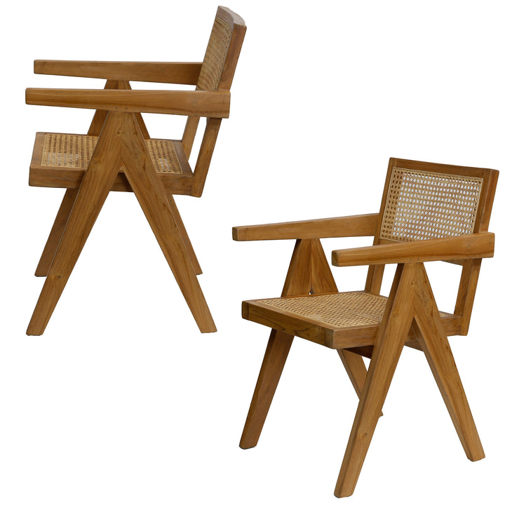 Deux fauteuils au tissage viennois en teck, vue latérale avec lignes claires et accoudoir
