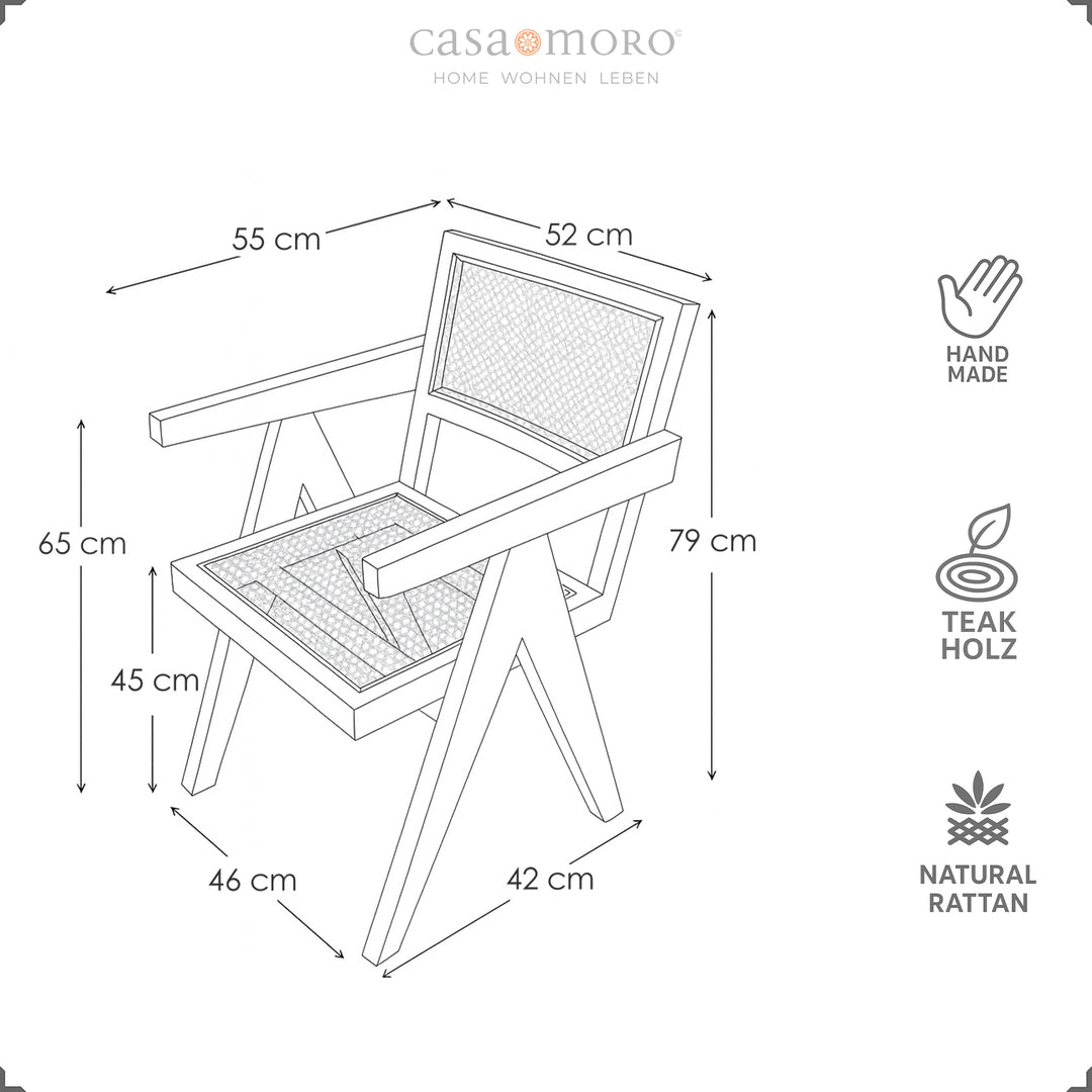 Croquis dimensionnel du fauteuil au tissage viennois en teck, dimensions détaillées en cm