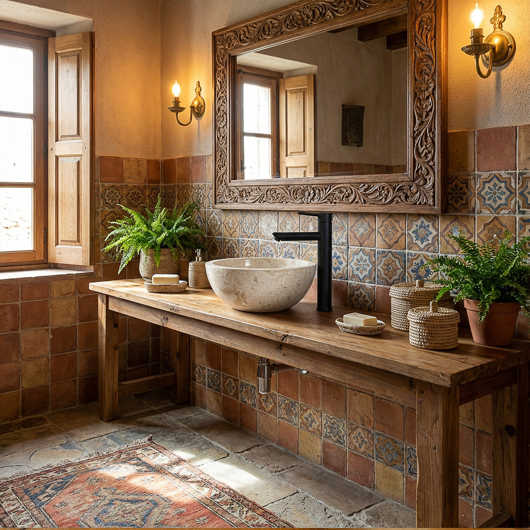 Vasque à poser ronde en marbre clair sur lavabo rustique en bois avec robinetterie noire dans une ambiance de salle de bain méditerranéenne