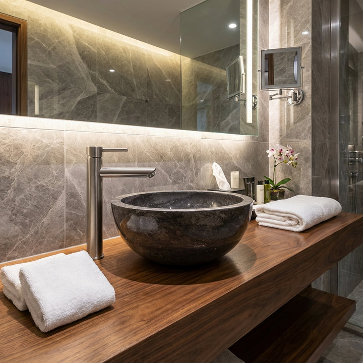 Rond Lavabo en pierre foncée sur un lavabo en bois avec une robinetterie en acier inoxydable dans une ambiance de salle de bain élégante et moderne
