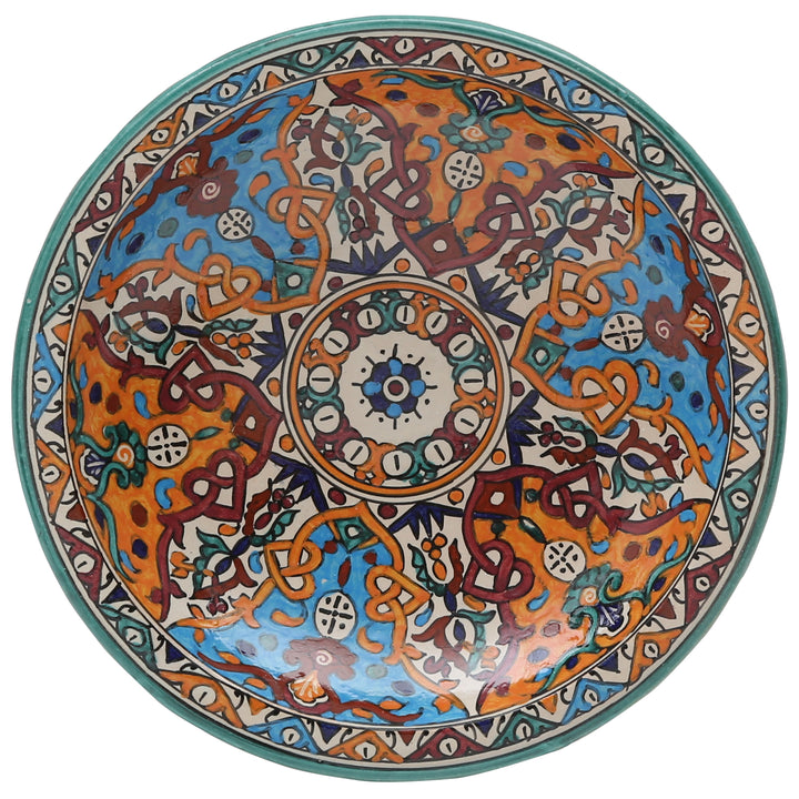 Bol en céramique marocain de Fès, peint à la main en turquoise et orange, Ø 35 cm