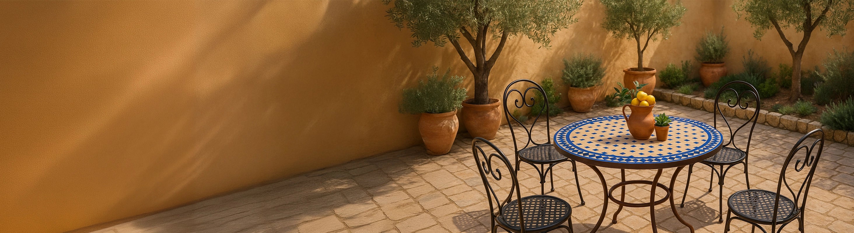 Tables mosaïque Ø80 – Großer runder Mosaiktisch Ø80 cm mit Zellige-Fliesen und vier Stühlen im Garten auf Terrasse mit Pflanzen und mediterraner Umgebung