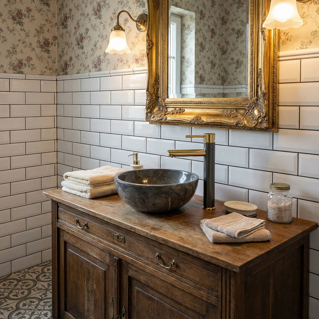 Round countertop washbasin made of natural stone on a wooden washstand in an elegant bathroom with gold-colored fittings and a mirror