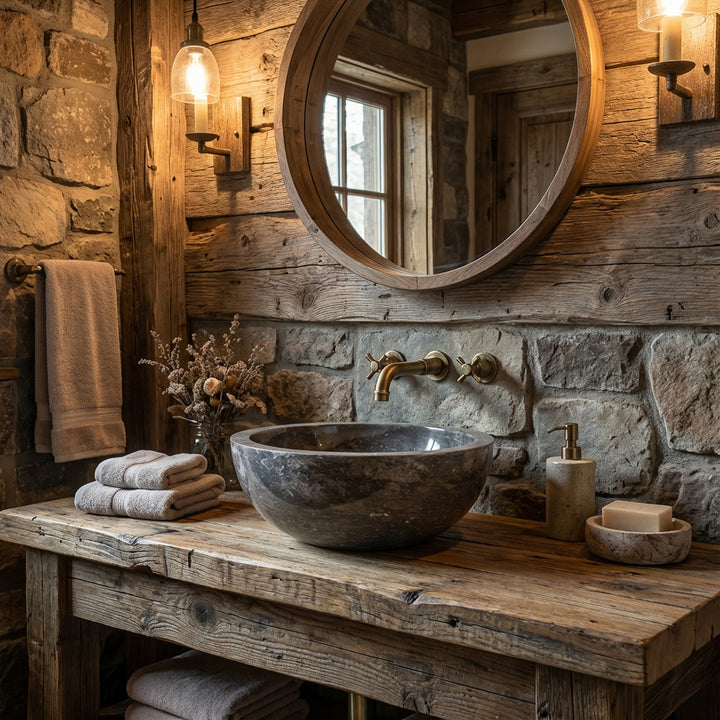Rond Lavabo en pierre sombre sur une console rustique en bois avec des raccords en laiton dans une ambiance de salle de bains de chalet cosy