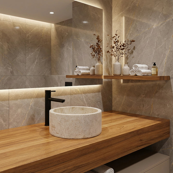 Round Washbasin made of natural stone on an elegant wooden console, modernly staged in the quiet bathroom with warm light.