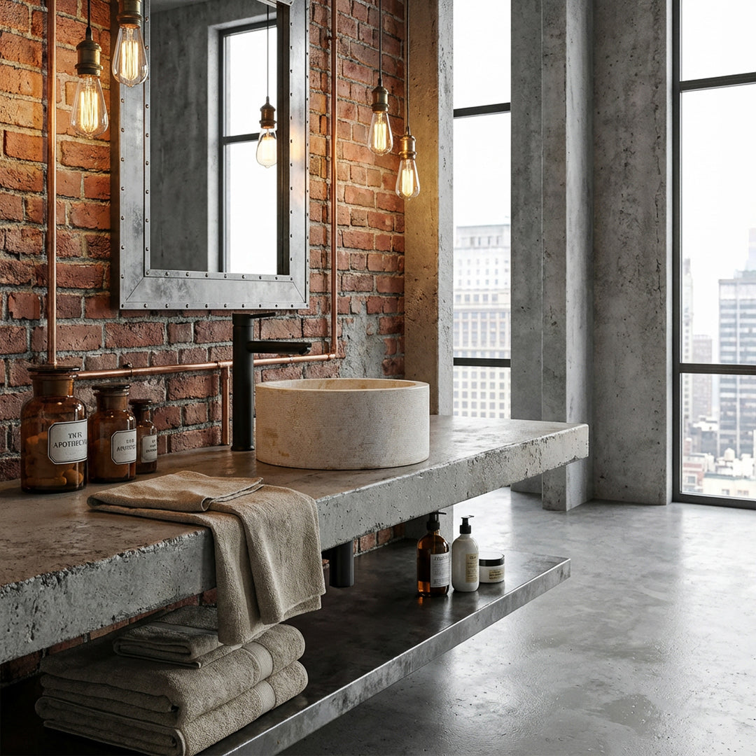 Round natural stone washbasin in light beige on a concrete console, staged in an urban loft bathroom with a brick wall.