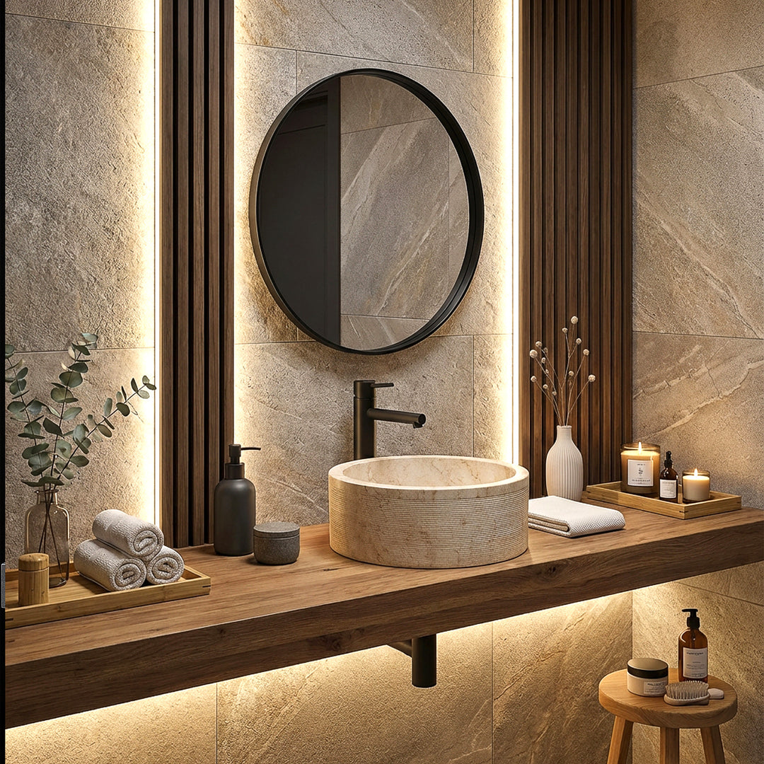 Round natural stone washbasin in a warm stone look on a wooden console, stylishly staged in the modern, illuminated bathroom.