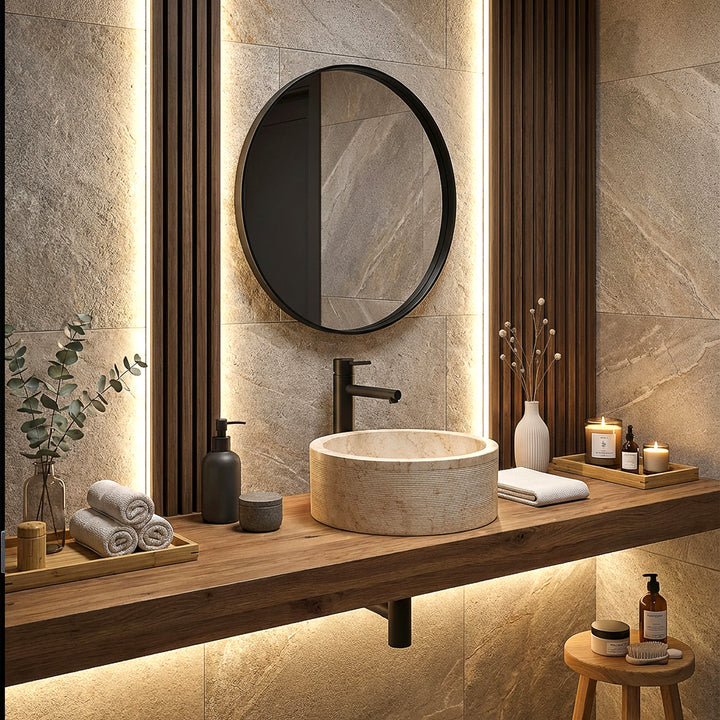 Round natural stone washbasin in a warm stone look on a wooden console, stylishly staged in the modern, illuminated bathroom.