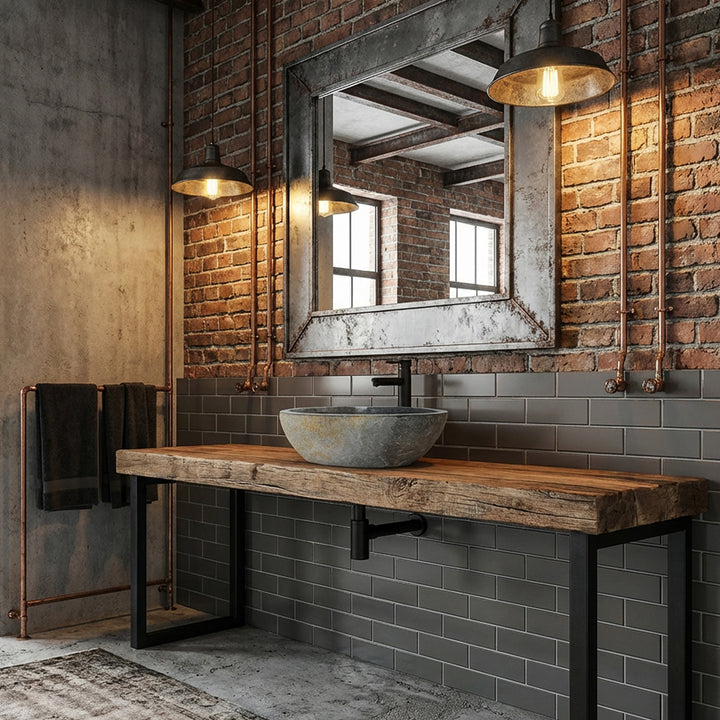 Lavabo en pierre dans la salle de bains industrielle sur une console en bois massif, combiné avec des raccords noirs, un mur de briques et une lumière chaude